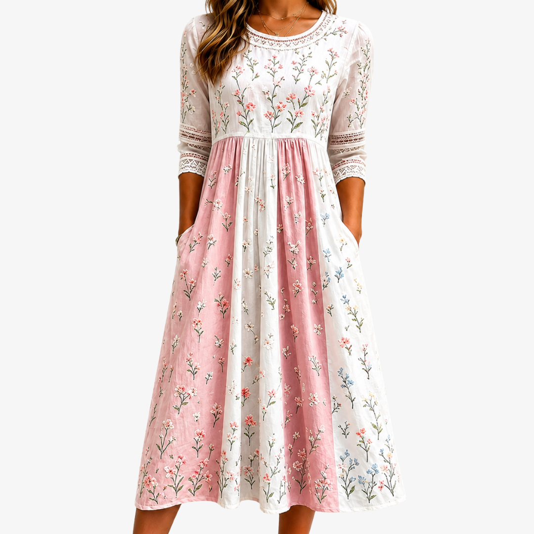 Pink Patchwork Midi Dress with Pockets