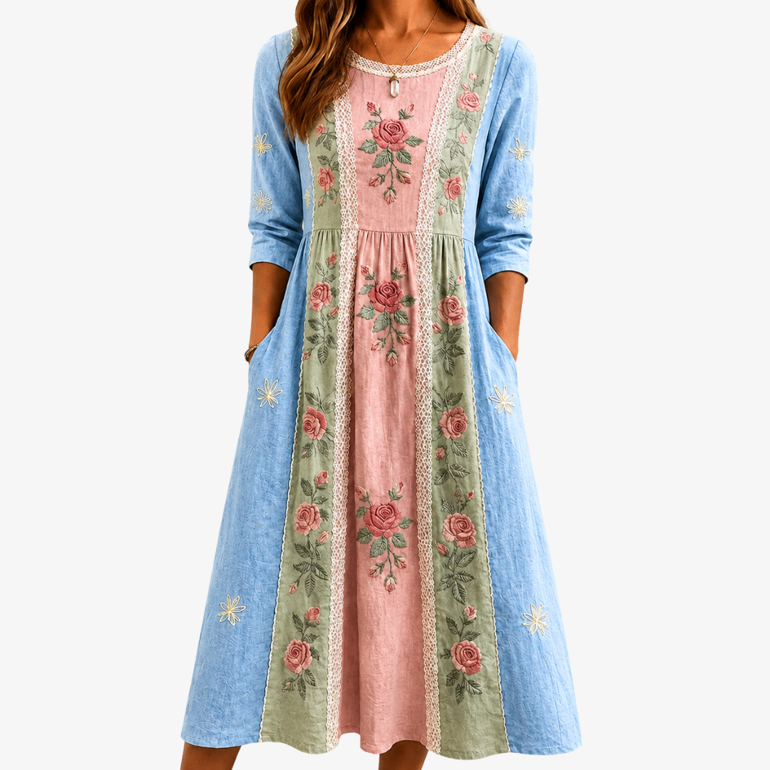 Vintage Rose Patchwork Dress with Pockets