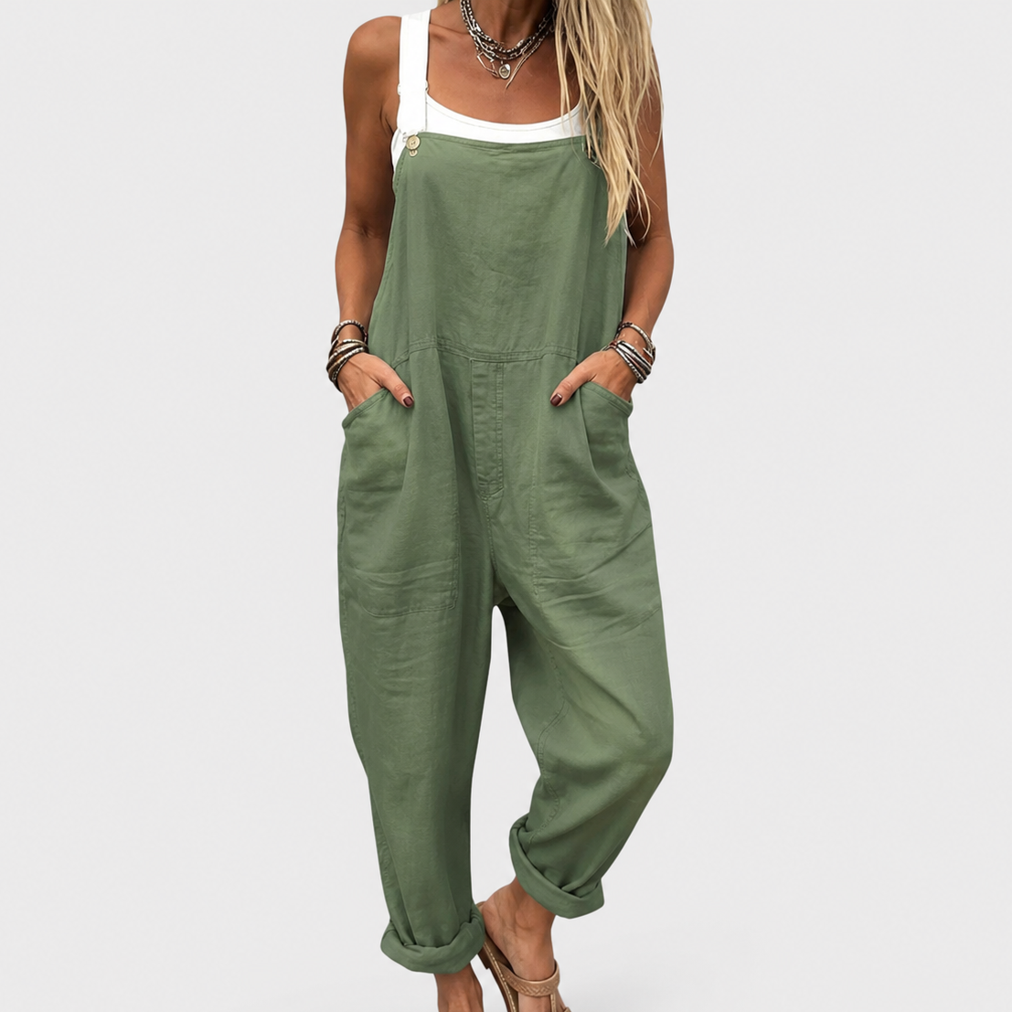 Julia's green everyday overalls