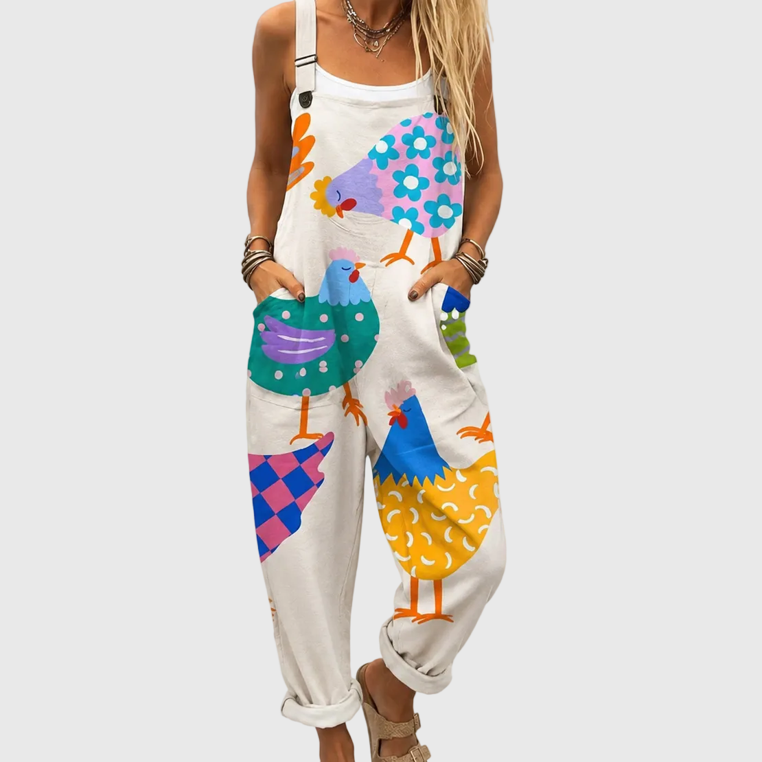 Rufina overalls with colorful chickens
