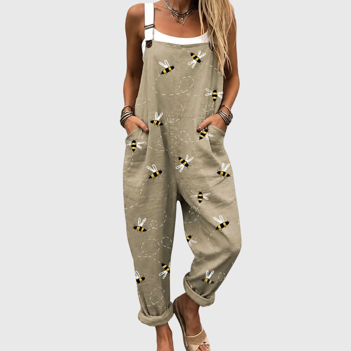 Celia khaki dungarees with bees