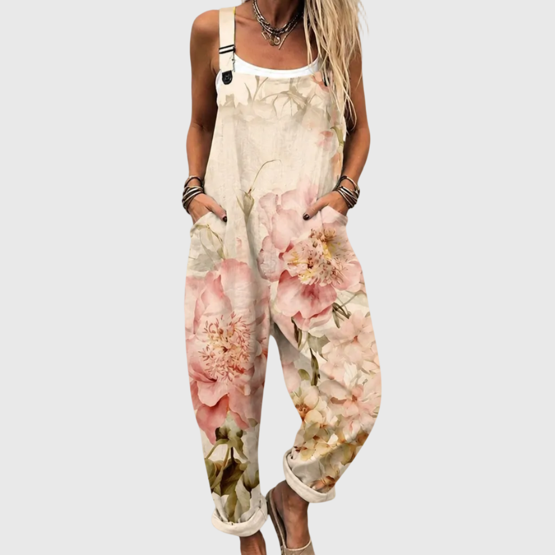 Delfina printed beige dungarees