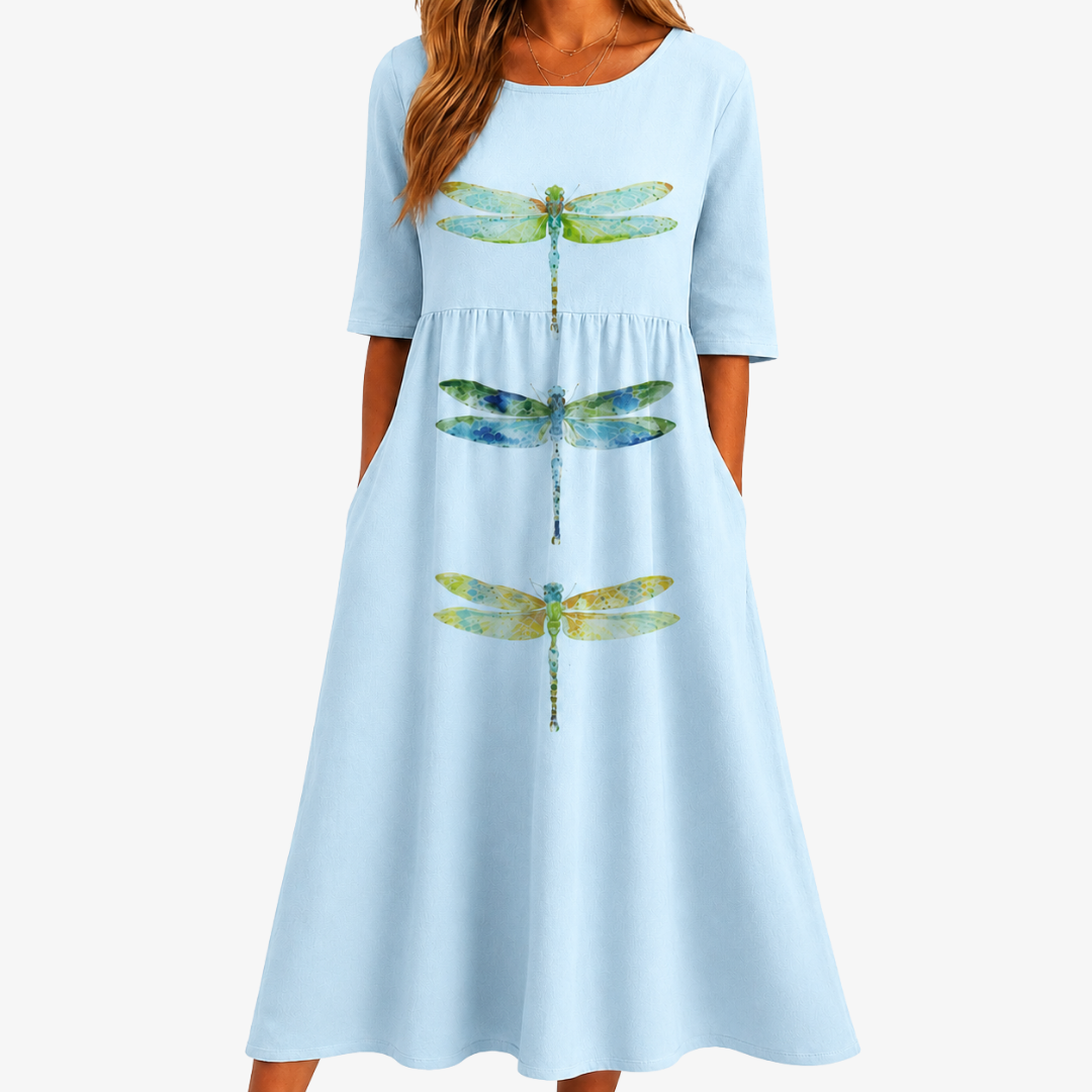 Sky Blue Dragonfly Midi Dress with Pockets