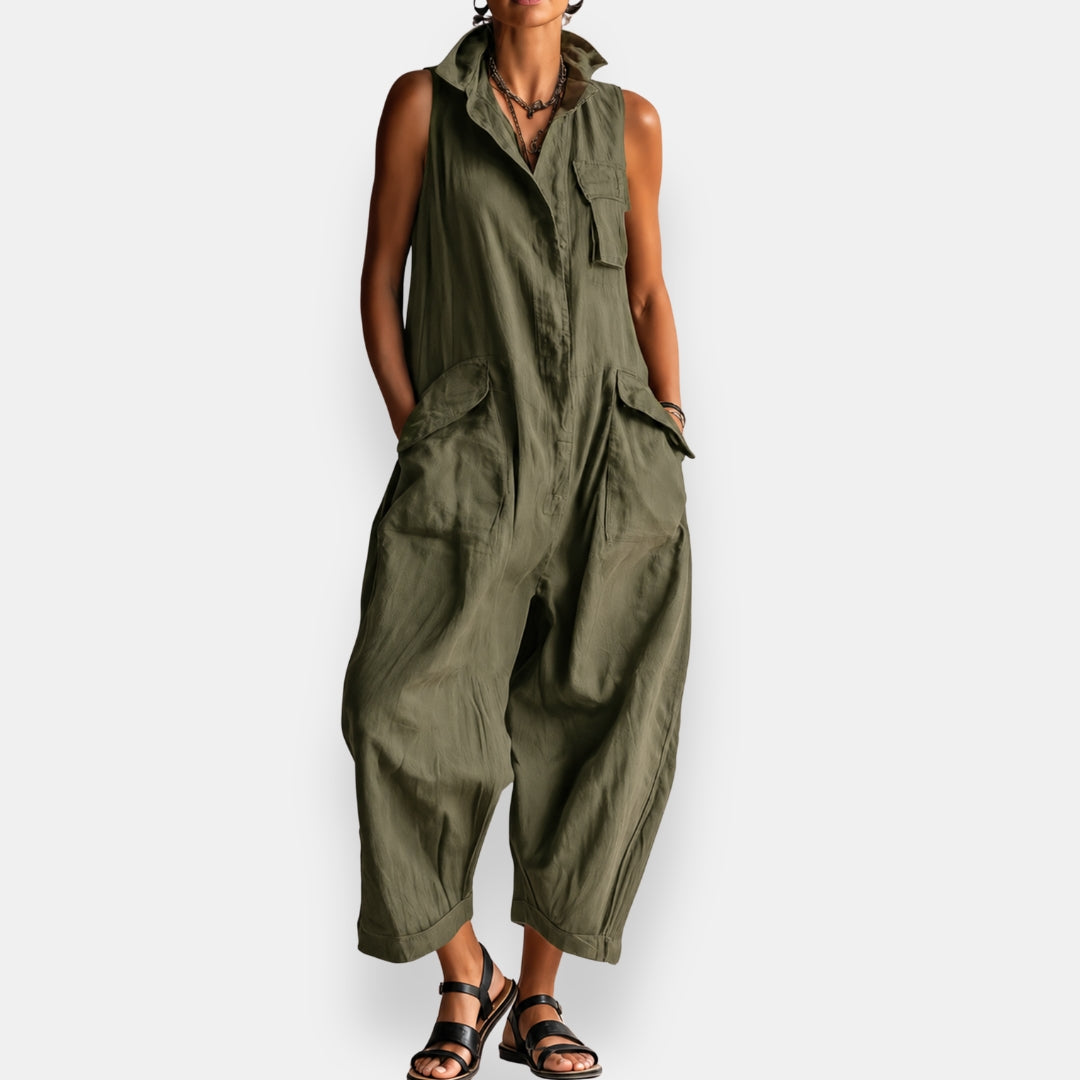 Alicia | Collared Sleeveless Cargo Jumpsuit