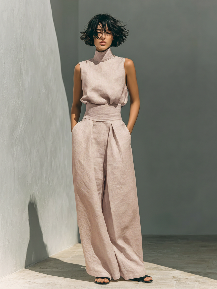 Conjunto Minimalista de Blusa Sin Mangas y Pantalón Ancho de Algodón y Lino