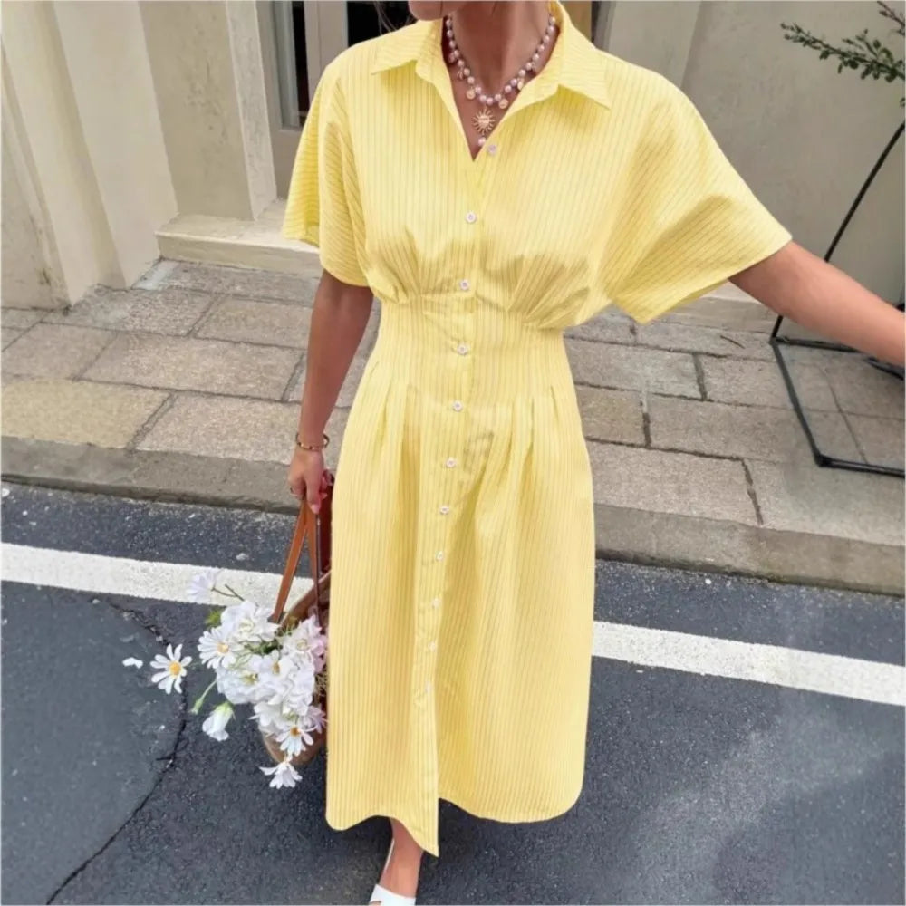 Delphine | Pleated Waist Striped Shirt Dress