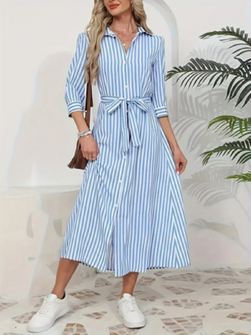 Odette | Blue Striped Button-Up Midi Shirt Dress
