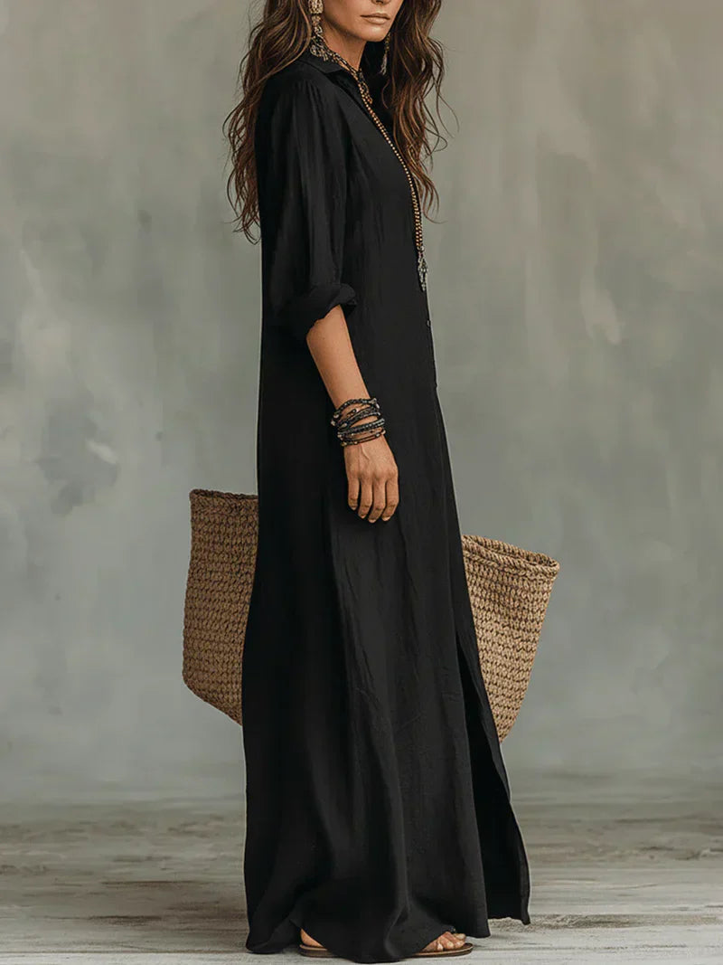 Celia™ | Loose Black Maxi Dress with Buttons