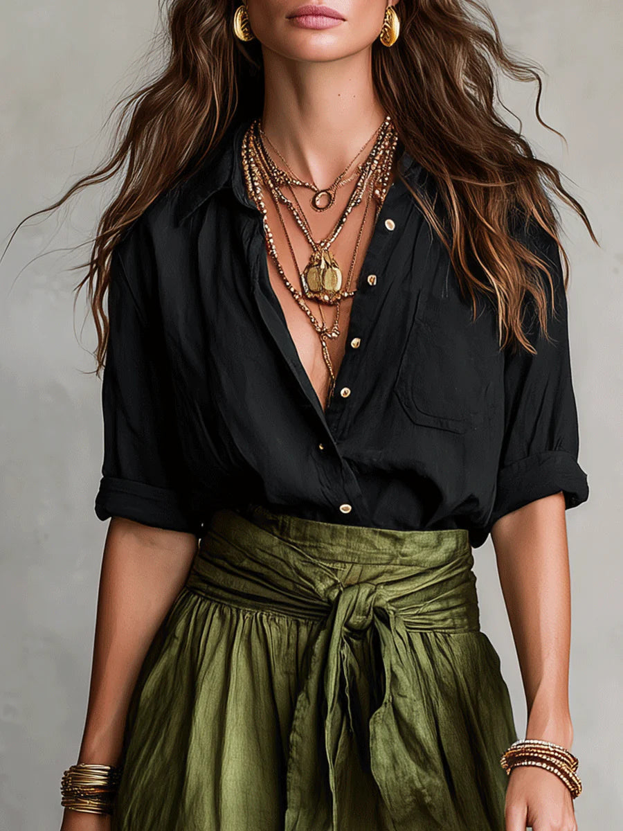 Dew | Two-Piece Set: Black Top and Olive Green Midi Skirt