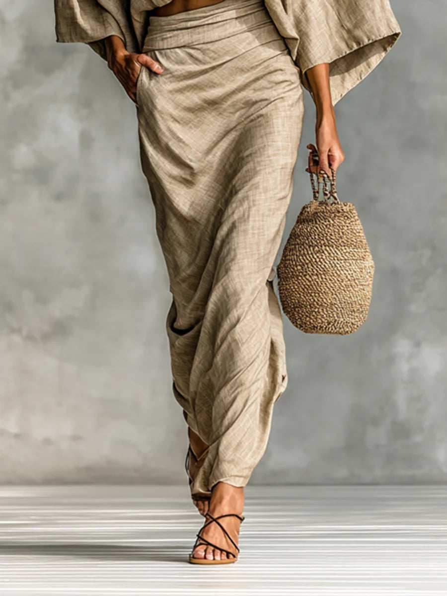 Marina | Beige Two-Piece Batwing Top and Long Skirt Set for Effortless Elegance