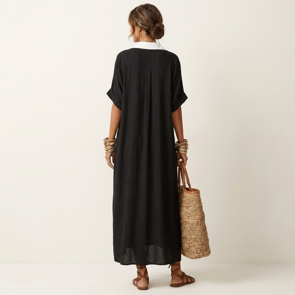 Aitana | Maxi Shirt Dress with Contrast Collar, Buttons, and Short Sleeves