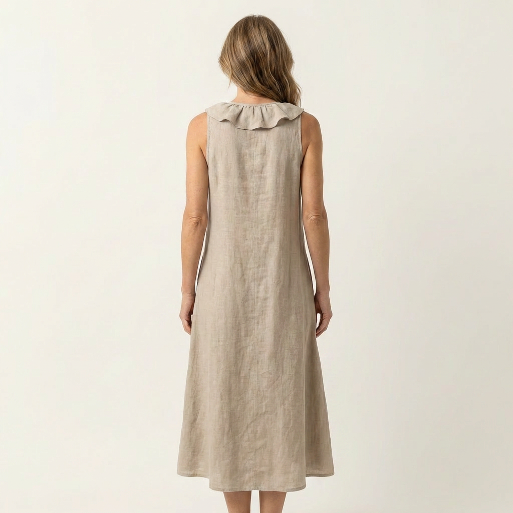 Violeta | Sleeveless Linen Maxi Dress with V-Neck and Front Ruffle