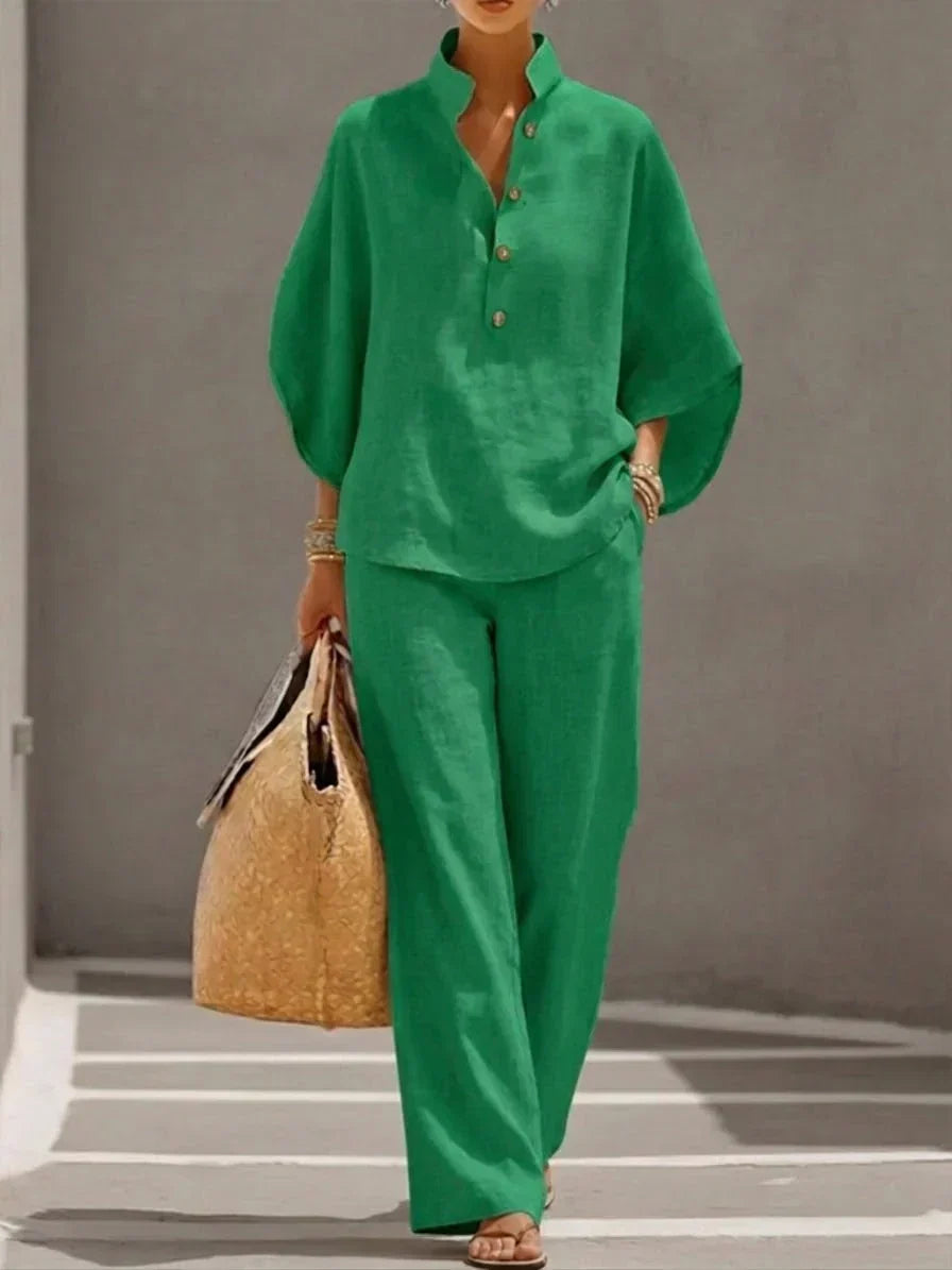 Sofía | Linen-Look Batwing Top and Wide-Leg Pants Set