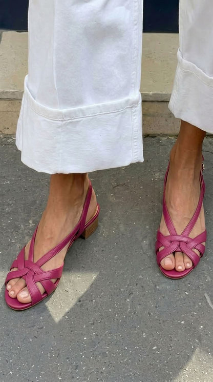 Nude Leather Slingback Sandals with Crisscross Straps and Low Heel