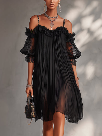 Vittoria | Black Chiffon Off-the-Shoulder Embroidered Mini Dress