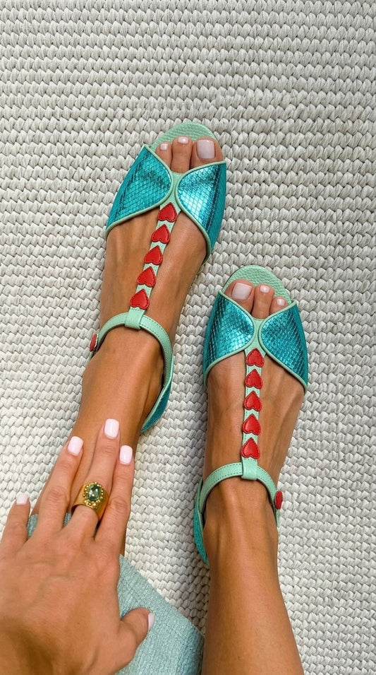 Petrol Blue and Red Peep Toe Flat Sandals with T-Strap and Heart