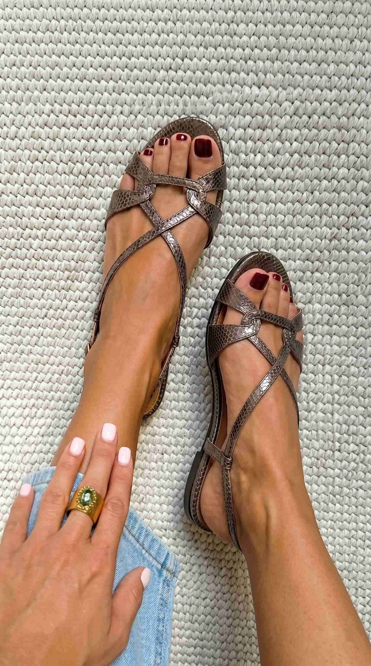 Bronze Snake Effect Flat Open Toe Slingback Sandals