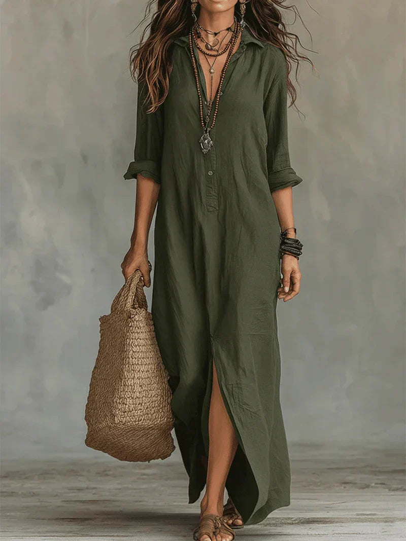 Celia™ | Loose Black Maxi Dress with Buttons