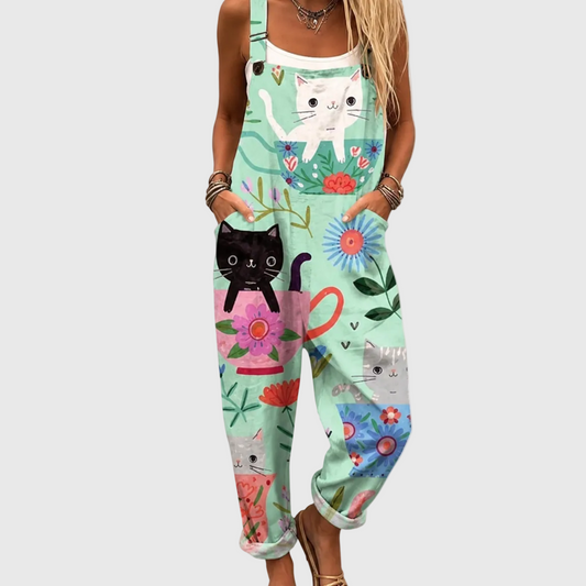 Elvira Dungarees with cats and flowers