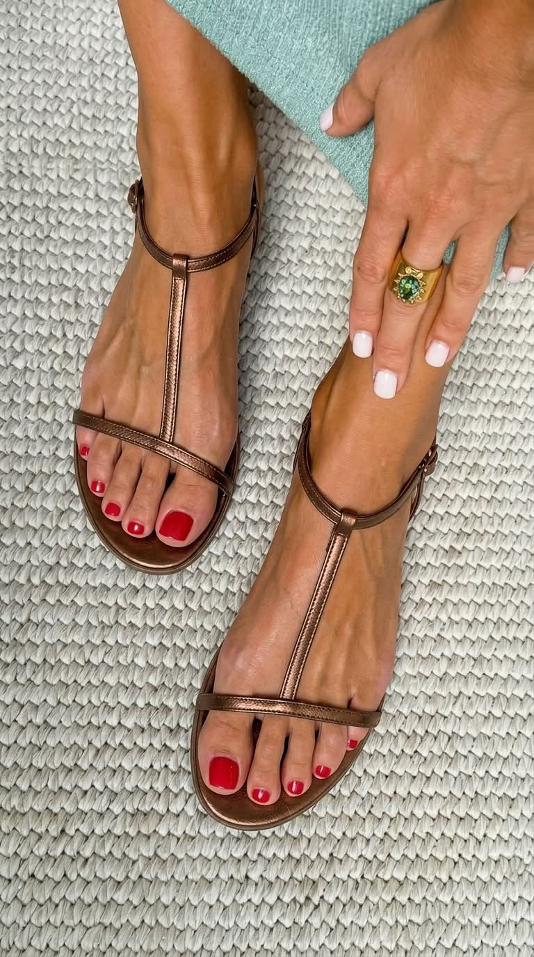 Flat Metallic Summer Sandals with T-Strap