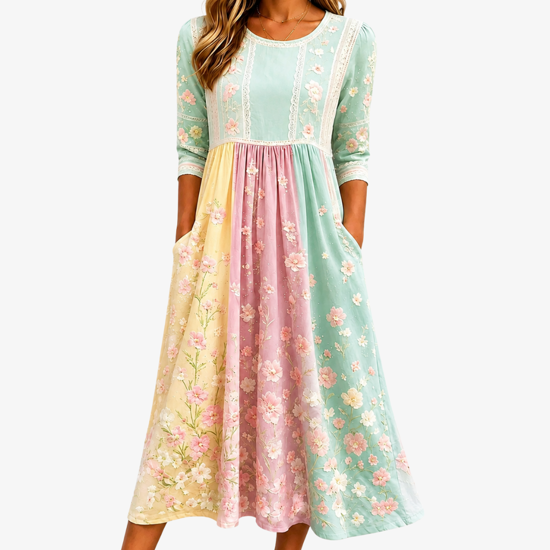 Spring Floral Patchwork Midi Dress with Pockets
