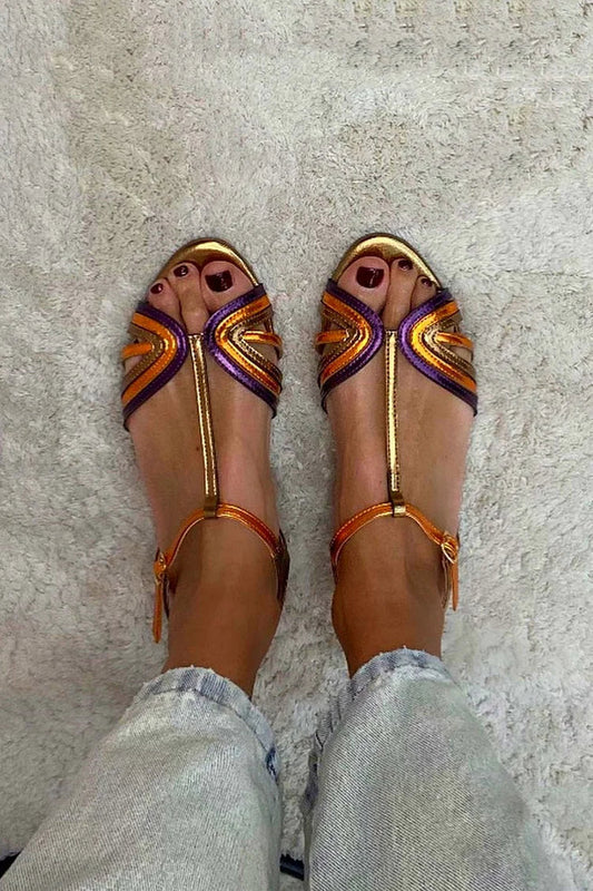 Multicolor and Gold Peep Toe Sandals with Buckle and T-Strap