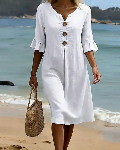 Naomi | Vestido Recto de Lino con Mangas Abullonadas