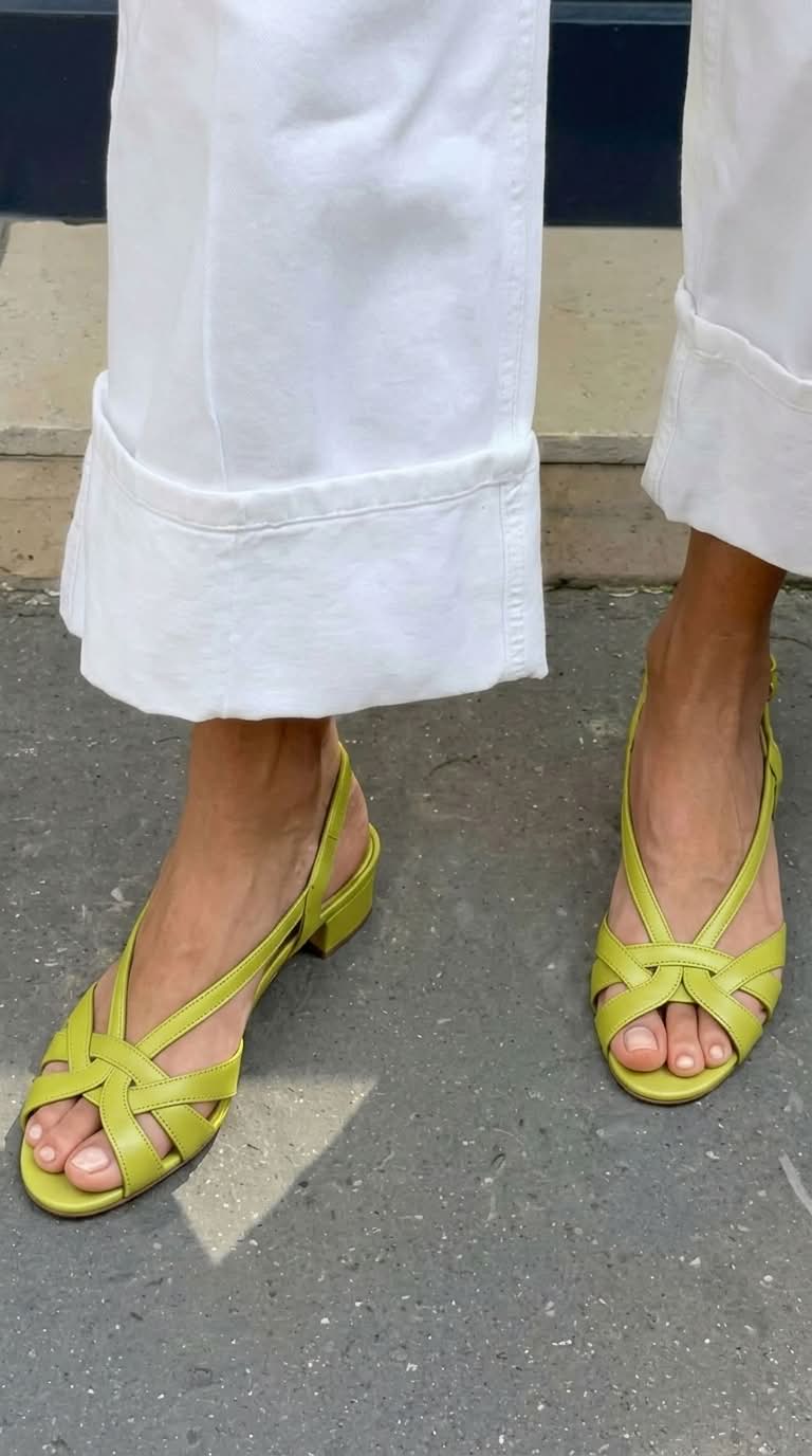 Nude Leather Slingback Sandals with Crisscross Straps and Low Heel