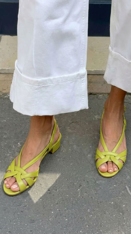 Nude Leather Slingback Sandals with Crisscross Straps and Low Heel