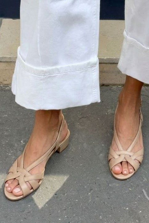 Nude Leather Slingback Sandals with Crisscross Straps and Low Heel
