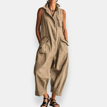 Alicia | Collared Sleeveless Cargo Jumpsuit
