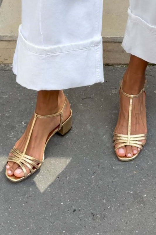 Metallic Block Heel T-Strap Sandals with Buckle