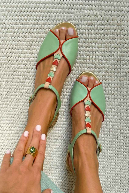 Flat Slingback Peep Toe Sandals with Heart Detail