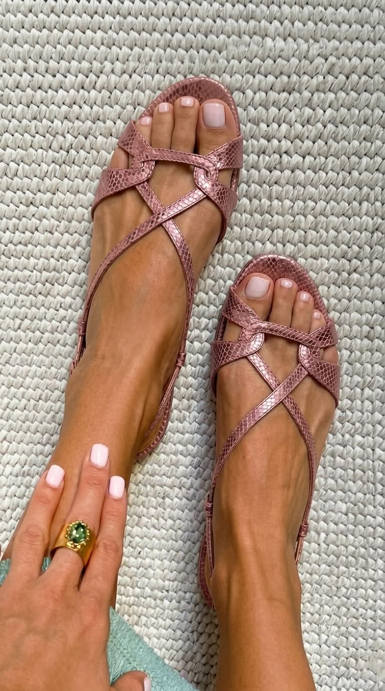 Bronze Snake Effect Flat Open Toe Slingback Sandals