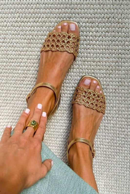 Metallic Braided Chic Flat Gold Square Toe Sandals