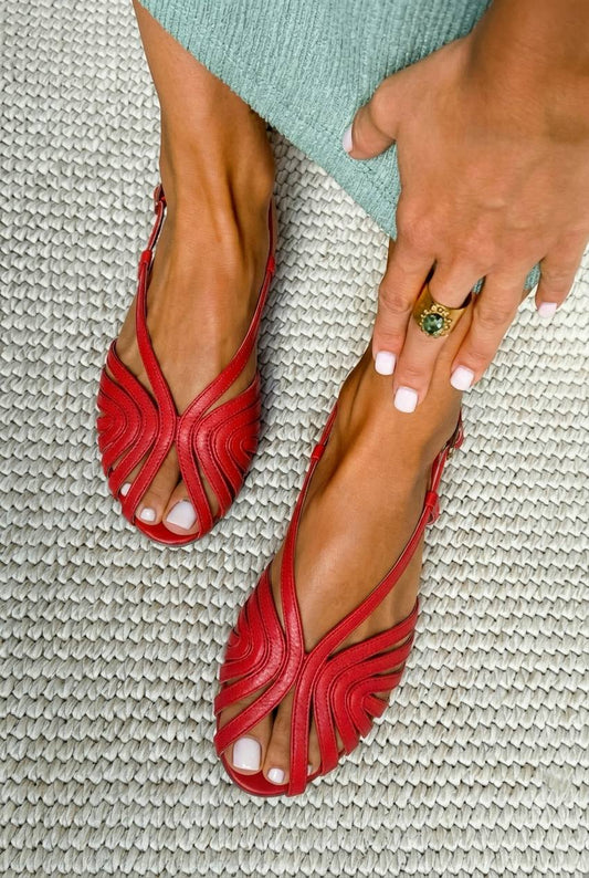 Women's Red Flat Strappy Cage Peep Toe Summer Sandals