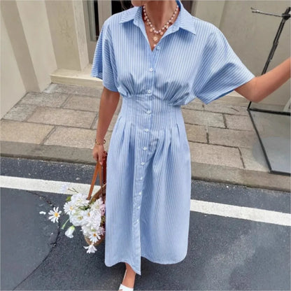 Delphine | Pleated Waist Striped Shirt Dress