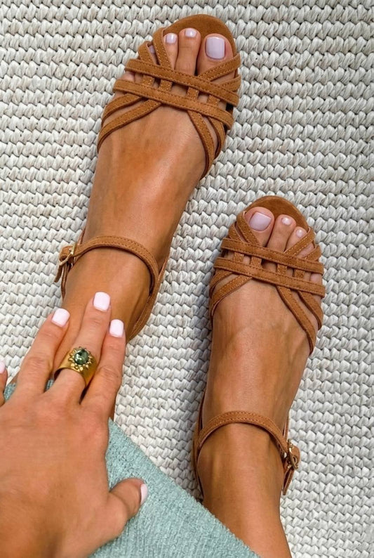 Flat Suede Sandals with Ankle Buckle and Multiple Straps