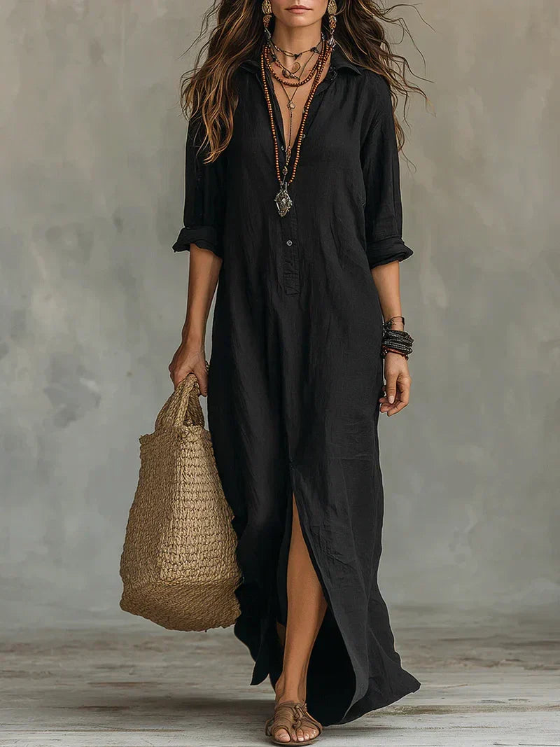 Celia™ | Loose Black Maxi Dress with Buttons