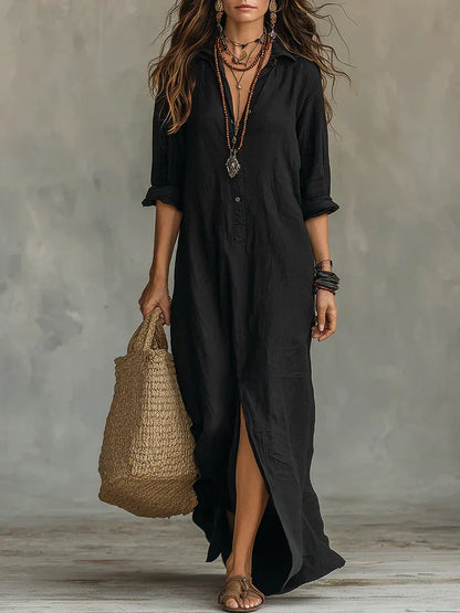 Celia™ | Loose Black Maxi Dress with Buttons