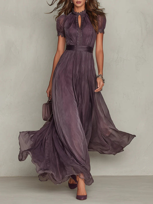 Flavia | Purple Long Dress with Keyhole Neckline and Lace Trim in Chiffon