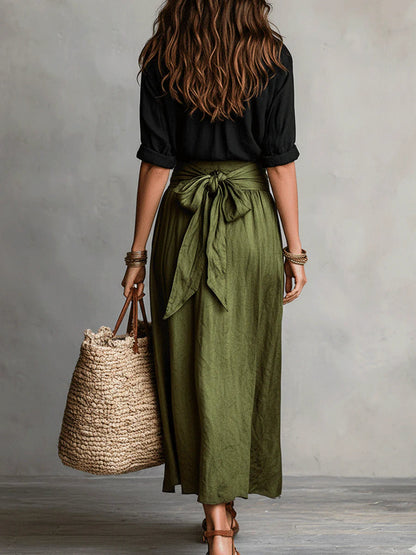 Dew | Two-Piece Set: Black Top and Olive Green Midi Skirt
