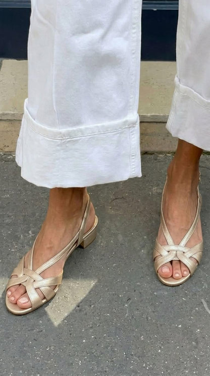 Nude Leather Slingback Sandals with Crisscross Straps and Low Heel