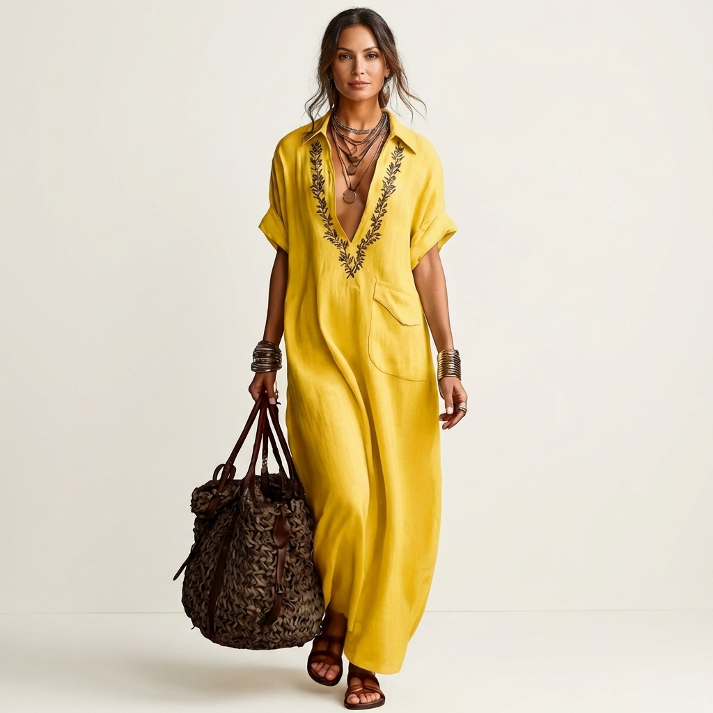 Petra | Embroidered V-Neck Linen Maxi Dress