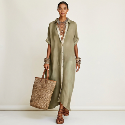 Aitana | Maxi Shirt Dress with Contrast Collar, Buttons, and Short Sleeves