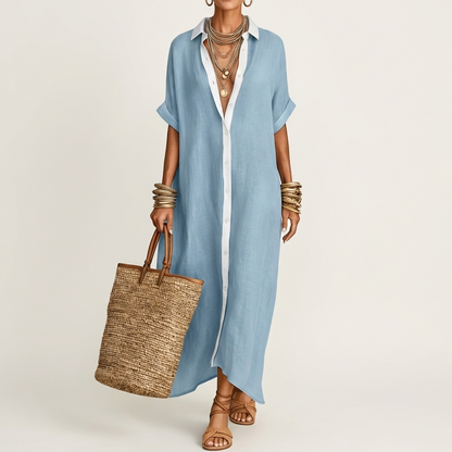 Aitana | Maxi Shirt Dress with Contrast Collar, Buttons, and Short Sleeves