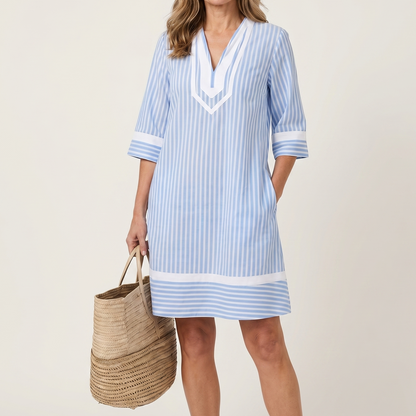 Silvia | Striped Cotton Straight Dress with V-Neck and Contrast Trim