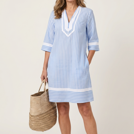 Silvia | Striped Cotton Straight Dress with V-Neck and Contrast Trim