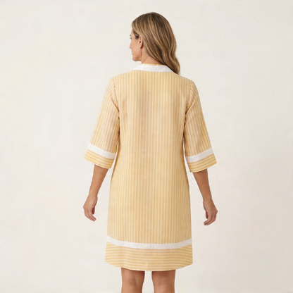 Silvia | Striped Cotton Straight Dress with V-Neck and Contrast Trim
