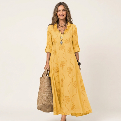 Odalys | Cotton and Linen Maxi Dress with Tonal Floral Embroidery